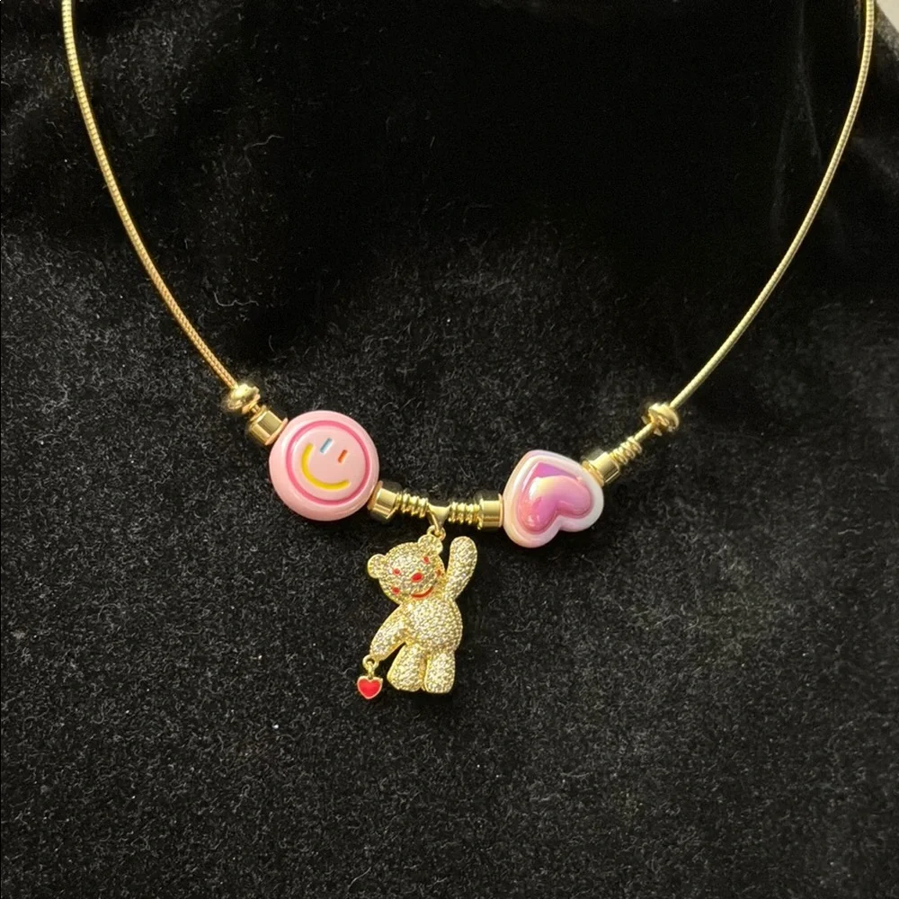Gold Necklace with Pink Charms - Picture 3 of 12